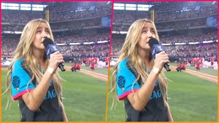 Ingrid Andress sings worst national anthem ever at 2024 Home Run Derby as MLB fans say our ears [upl. by Neenahs]