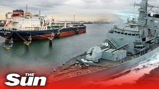 Royal Navy trains guns at Iranian boats trying to storm British tanker [upl. by Mettah737]