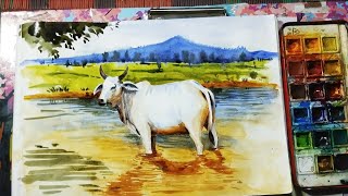 EASY COW DRAWING WITH WATERCOLOUR 🖌️🎨🖌️🎨 drawing painting art joydebkumararts [upl. by Bedell]