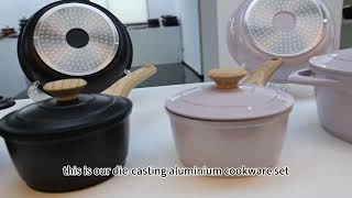 Die cast aluminum cookware set with wooden soft touch [upl. by Esojnauj]