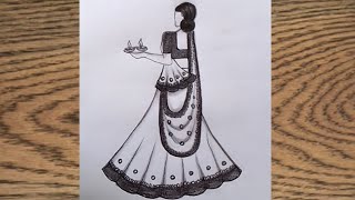 How to draw a girl in saree with celebrations diwali  Deepawali celebrate a girl with Deepak [upl. by Ggerc460]