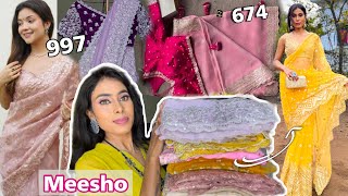 MEESHO Saree Haul Meesho Organza Saree Haul Meesho Saree starting 674  Meesho partywear sarees [upl. by Darnok871]