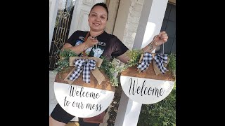 How to make a wood round welcome sign DIY DIY wood sign Glowforge wood sign farmhouse sign [upl. by Heim528]