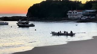 Early morning at Terrigal Surf boat launching People on the boardwalk Sunrise [upl. by Ydderf992]