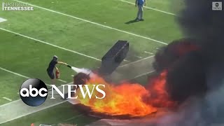 Pyrotechnics machine catches fire on field before NFL game  ABC News [upl. by Novets218]