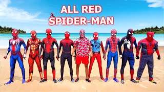 ALL RED SPIDERMAN Party Battle On The Beach  Funny Live Action [upl. by Noyr]