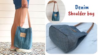 Sewing diy denim shoulder bag from old jeans  denim sewing tutorial  diy tote bag tutorial [upl. by Introc]