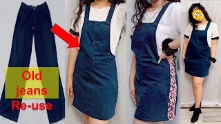 DIY ConvertRecycleReuse Mens Old jeans into Dungaree Dressपुरानी जीन्स से बनाये स्टाइलिश ड्रेस [upl. by Gazzo]