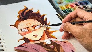 Drawing practice with watercolor  step by step Genya from Demon Slayer [upl. by Ellevehs]