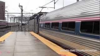 HD Rainy afternoon on the NEC Bostons South Station MBTA and Amtrak [upl. by Akirdnuhs]