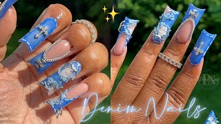 RIPPED DENIM NAILS 👖⛓️✨  DUCK NAILS  FULL ACRYLIC NAIL TUTORIAL 💙 [upl. by Anan461]