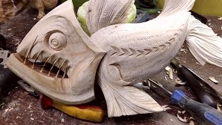 WoodCarving ANGLER FISH ► Timelapse  DIY Project Tools Techniques by Darafeyru [upl. by Ocisnarf744]