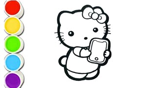 Hello kitty holding a tablet  easy drawing painting and colouring for kids and toddlers [upl. by Vassily]