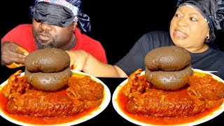 Asmr blindfold mukbang with goat meat and amala fufu eating sound challenge [upl. by Asiat14]