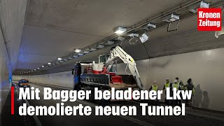 Mit Bagger beladener Lkw demolierte neuen Tunnel  kronetv NEWS [upl. by Ennairda873]