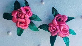 Easy rose flower hair clips using satin ribbon  satin ribbon craftsdiycraftysewing [upl. by Nereen]