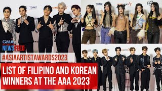 AsiaArtistAwards2023 List of Filipino and Korean winners at the AAA 2023  GMA Integrated Newsfeed [upl. by Akimrehs929]