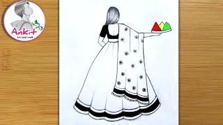 Beautiful Traditional Girl Celebrating Holi Drawing  Easy Drawing  Easy Holi Drawing with pencil [upl. by Undis]