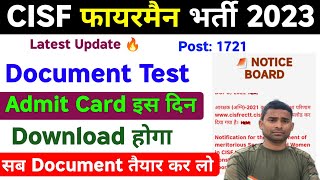 CISF Fireman Admit Card 2023  Documents Test Date 2023 CISF Fireman Documents Test Admit Card 2023 [upl. by Maryly140]