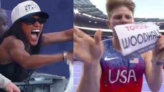 Hunter Woodhall wins Mens 400m T62 Paralympics Paris 2024 as Tara Davis Woodhall cheered him [upl. by Fillender]