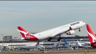 Qantas Dash 8Q400 B737800 A330 amp B7889 depart Sydney on 34L [upl. by Eikcuhc16]