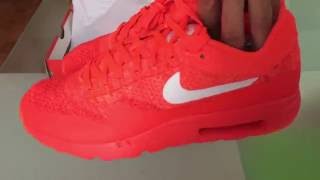 Nike Air Max 1 Ultra Flyknit Red White Unboxing and Review [upl. by Yauqram]