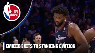 Joel Embiid exits game to STANDING OVATION after 70POINT NIGHT 👏  NBA on ESPN [upl. by Zubkoff]