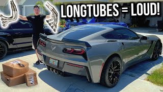 Installing LongTubes and X pipe on the Corvette WITH Active Exhaust LOUD [upl. by Nylanej]