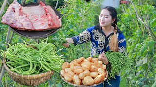 Harvest Long Bean Cook Pork Ribs Palm Fruit Fresh Drinking Cook and eat with Family [upl. by Arata]