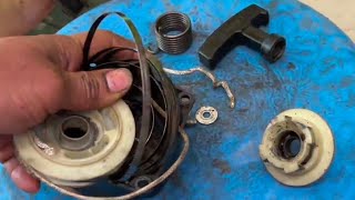 How To o Fix a Pull Starter Recoil Spring and Replace a Stuck or l Brush Cutter Starter Repairing [upl. by Htebzil]