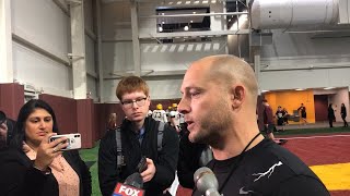 Football Coach Fleck Addresses Media During Spring Ball [upl. by Zobe]