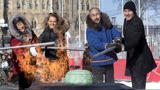 Justin Trudeau helps unveil Centennial Flame’s Nunavut crest [upl. by Enelie144]