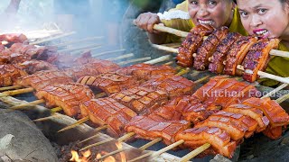 Cooking Biggest Crispy Pork Belly Skewer Spicy Sauce Recipe in Wild  Biggest BBQ Food in The World [upl. by Eelatsyrc]