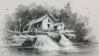 How to draw Watermill Scenery Art [upl. by Heller769]