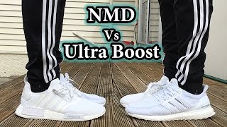 Triple White Comparison  NMD vs Ultra Boost  On Feet Looks [upl. by Lirrehs]