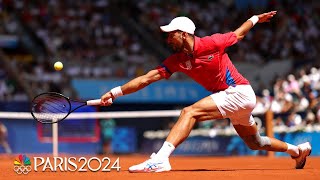 Novak Djokovic glides to drop shot as final against Carlos Alcaraz heats up  Paris Olympics [upl. by Zwiebel]