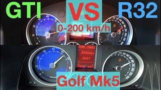 ACCELERATION BATTLE  VW Golf Mk5 GTI vs VW Golf Mk5 R32  147 vs 184 kW  FWD vs 4Motion [upl. by Kurzawa]