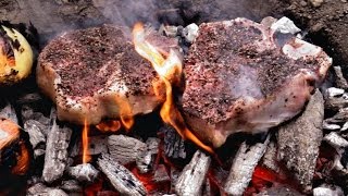 Caveman Steak Recipe  Cooked directly on the coals [upl. by Penoyer]