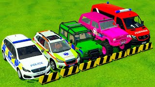 DACIA LAND ROVER PEUGEOT POLICE CARS amp MERCEDES AMBULANCE VEHICLE TRANSPORTING WITH TRUCKS  FS22 [upl. by Archibold]