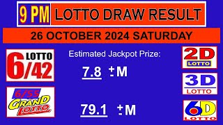 LOTTO 9PM PCSO 642 655 2D 3D 6D Draw Result Today 26 October 2024 SATURDAY [upl. by Jeggar]