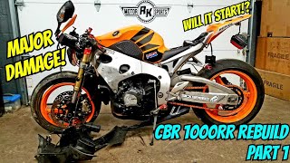 Rebuilding a WRECKED 2009 CBR 1000RR Repsol Part 1 WILL IT RUN [upl. by O'Donnell]