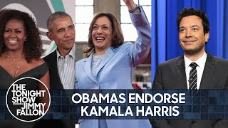 Obamas Endorse Kamala Harris for President 2024 Olympics Kick Off in Paris  The Tonight Show [upl. by Llener]