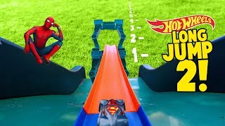 Hot Wheels Long Jump Challenge 2 With SpiderMan Superman Mario and More Super Hero Cars by KCity [upl. by Auqeenwahs]