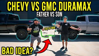 2024 GMC AT4 Duramax VS 2024 Chevy ZR2 Duramax  Father VS Son Tug Of War [upl. by Farr]