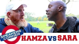 Hamza vs SaRa  Allah Racism amp Ancestors  Speakers Corner [upl. by Grannia]