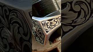 Hand engraved white gold signet ring Scroll with full background relief handengraving engraving [upl. by Lougheed471]