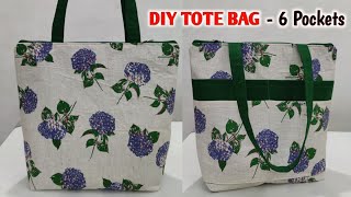 DIY TOTE BAG  6 POCKETS  How to a make cloth bags at home  Bag making  How to make a bag at home [upl. by Yentrac]