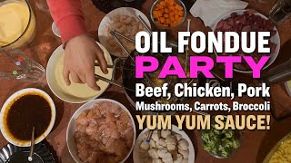 Party Food Oil Fondue with Battered Chicken Shrimp Steak and Mushrooms [upl. by Llevart]