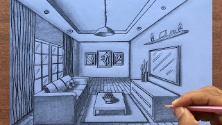 How to Draw a Living Room using 1Point Perspective step by steps [upl. by Shara]