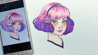 Coloring anime girl with ohuhu marker  part2  ohuhu marker drawing  anime girl drawing [upl. by Loseff]